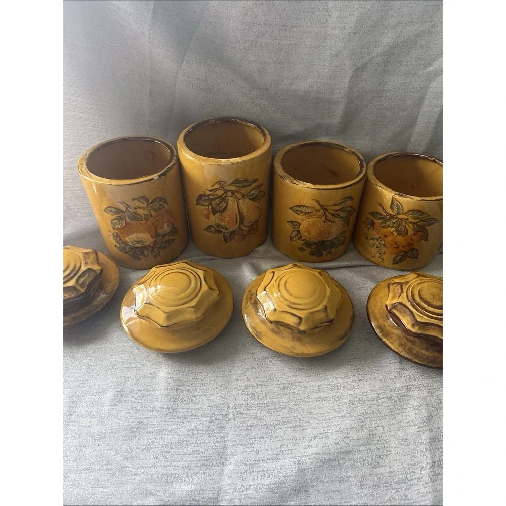 Mid-Century Canister Set W/ LIDS Harvest Gold Fruit VTG Containers Retro 1960's